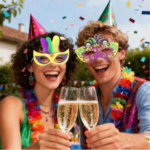 Brazilian carnival party masks with purple and gold feathers shown in a festive celebration