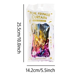 Détail de l'emballage du rideau de franges colorées avec dimensions spécifiques