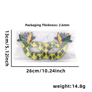 Carnival feather mask with yellow and purple diamond patterns measuring 26cm by 13cm