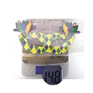 Weight measurement of 14.8g for the purple and gold harlequin masquerade mask