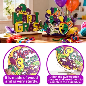 Centrotavola in legno Mardi Gras con maschere e lettere per decorazioni di festa
