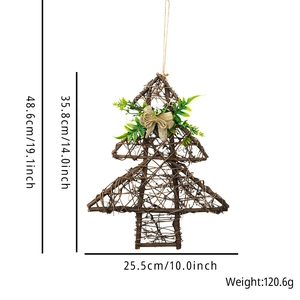 Rustic rattan Christmas tree wall hanging with bow and leaf decor, 48.6cm height