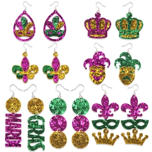 Detailed set of 7 Mardi Gras earrings with purple green and gold sequins
