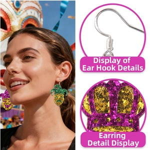 Detail of glittery Mardi Gras earrings featuring green mask and purple crown on model
