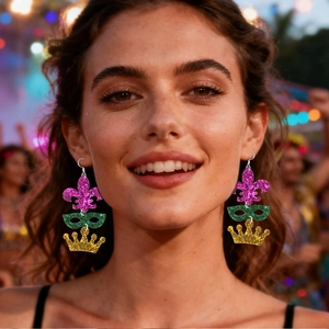 Mardi Gras drop earrings featuring purple fleur-de-lis, green mask and gold crown charms