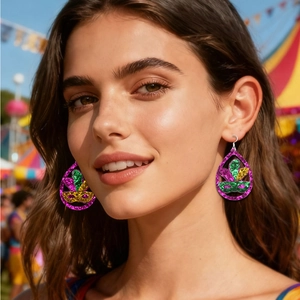 Detail of Mardi Gras teardrop earrings with purple green gold glitter fleur-de-lis on model