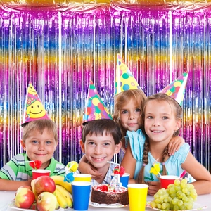 Rainbow foil fringe curtain background for birthday parties with colorful star print star