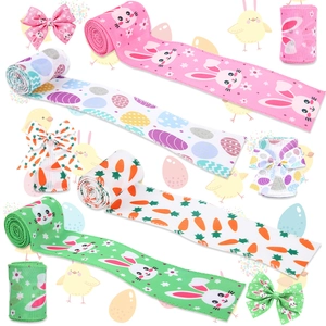 Assorted Easter printed ribbons featuring rabbits and eggs for holiday gift wrapping