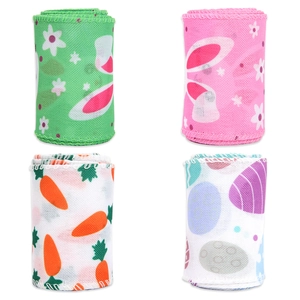 Set of four Easter ribbons with bunny and egg prints for festive gift wrapping