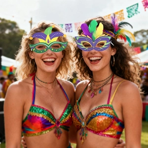 Carnival sequin bikini top and harlequin mask set with vibrant tassels for festive parties