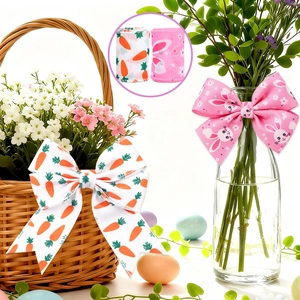 Close-up of Easter ribbons with bunny and carrot prints used for DIY gift bows