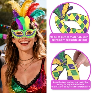 Glittery Mardi Gras feather mask in purple yellow and green with festive party feathers