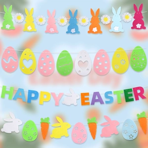 Colorful felt Happy Easter banner set with rabbits, eggs, carrots, and daisy party decorations