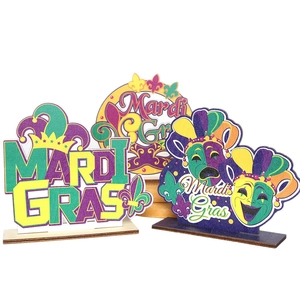 Mardi Gras purple green and gold wooden table sign set with carnival mask and letter designs