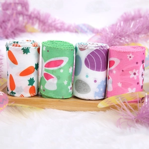 Easter decorative ribbon set with bunny and carrot prints on rustic faux linen fabric