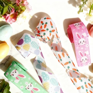 Easter Decorative Ribbon Cartoon Printed Rabbit Carrot Egg Polyester Fabric Wired Edge Ribbon For DIY Craft Gift Wrapping Party Home Decor