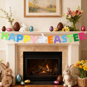Colorful felt Happy Easter banner with white rabbit silhouette for festive home party decor