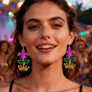 Mardi Gras layered sequin earrings featuring purple fleur-de-lis and green mask charms