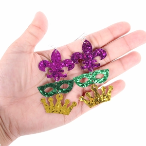 Mardi Gras triple drop earrings with purple fleur-de-lis, green mask and gold crown sequins