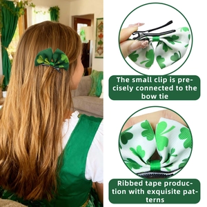 Saint Patrick's Day green shamrock bow hair clip with clover patterns and gold coin detail
