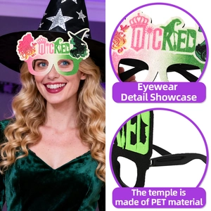 Wicked party glasses with pink and green glitter, crown design, and witch silhouette