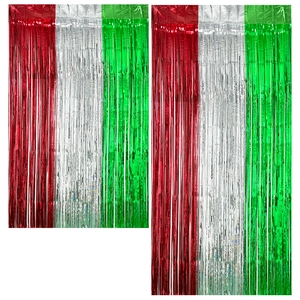Red silver green Christmas tinsel curtain backdrop for festive party wall decoration