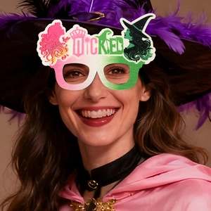 Wicked theme party glasses with pink and green glitter, lettering and character silhouettes