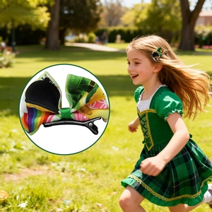 Detail of St. Patrick's Day bow hair clip with clover patterns worn by a girl in a park