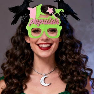 Detail of Wicked party glasses with green frame and pink glitter popular text for cosplay