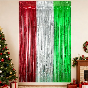 Christmas Red Silver Green Tinsel Fringe Curtain Metallic Foil Streamers Backdrop For Holiday Party Celebration Decor