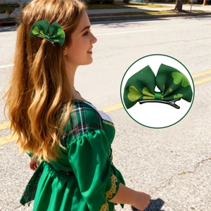 St. Patrick's Day green bow hair clip with shamrock patterns and metal alligator clip