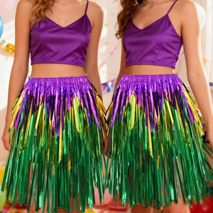 Carnival party costume set with purple gold green fringe skirt and satin camisole top