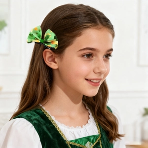 Green St. Patrick's Day bow hair clip with clover patterns worn by a child model