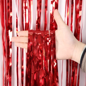 Red metallic foil fringe curtain for Christmas party backdrop with glossy tassel texture