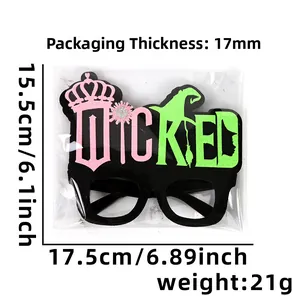 Detail of Wicked themed party glasses with pink crown, green witch hat and black frame