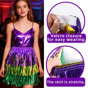 Detail of carnival fringe skirt showing purple gold green tinsel and velcro closure