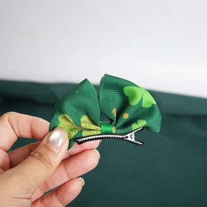 Green St. Patrick's Day shamrock hair bow clip for kids with durable alligator clip