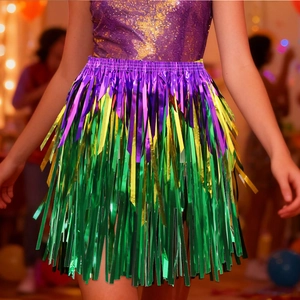 Detail of metallic purple, gold, and green fringe skirt for Mardi Gras party costume