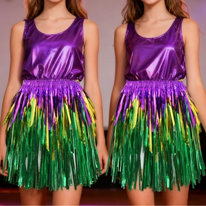 Detail of Mardi Gras tinsel skirt with purple, yellow and green fringe and metallic vest