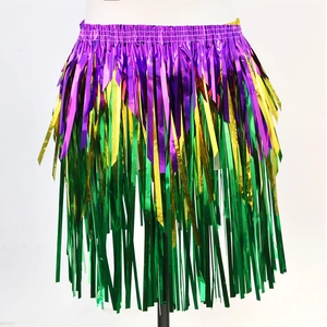 Detail view of purple gold and green Mardi Gras tinsel fringe skirt with elastic waist