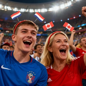Supporters wearing World Cup flag headbands with Dutch and Canadian designs on springs