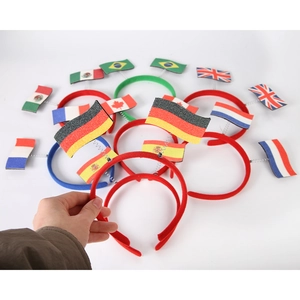 Close-up of world flag headbands with spring flags for World Cup soccer fan cheering gear