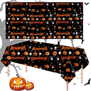 Detail of waterproof PE Halloween tablecloth with pumpkin, ghost and skull prints