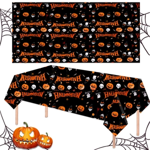 Halloween tablecloth featuring ghosts, pumpkins, and skeletons for party atmosphere