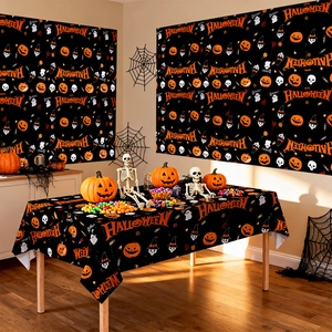 Halloween party tablecloth with pumpkin and ghost prints on black thick PE background