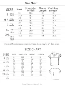 Detailed size chart for short-sleeved color block T-shirt with measurements in cm and inches