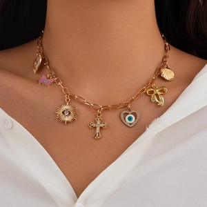 Alloy Eisen Emaille Strass Multi Anhänger Charm Halskette Schmetterling Böser Blick Kreuz Sonne Muschel Herz Schleife Schmuck Für Frauen