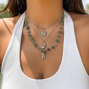 Bohemian Layered Necklace Copper Alloy Green Stone Chips Sun Moon Fairy Pendants Vintage Aesthetic Jewelry For Women