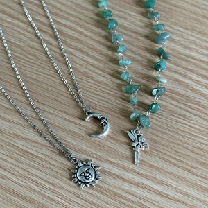 Bohemian style beaded stone necklaces with silver sun moon and fairy wing pendants