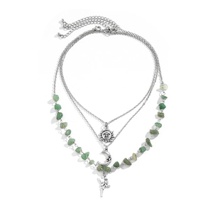 Three-layer bohemian silver necklace with celestial charms and green gemstone chips